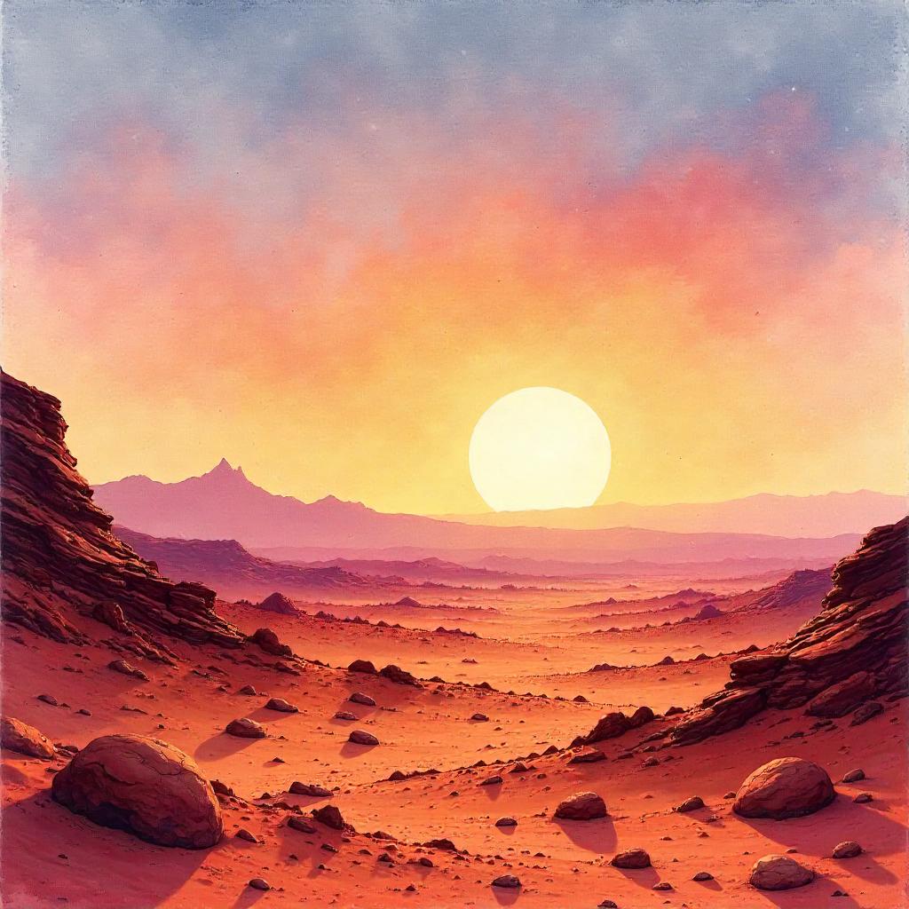 Watercolor Sunset over a Rusty Martian Plain