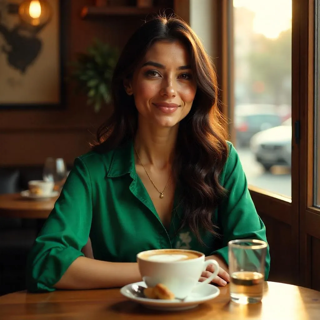 Portrait of an adult Middle Eastern woman in a cafe