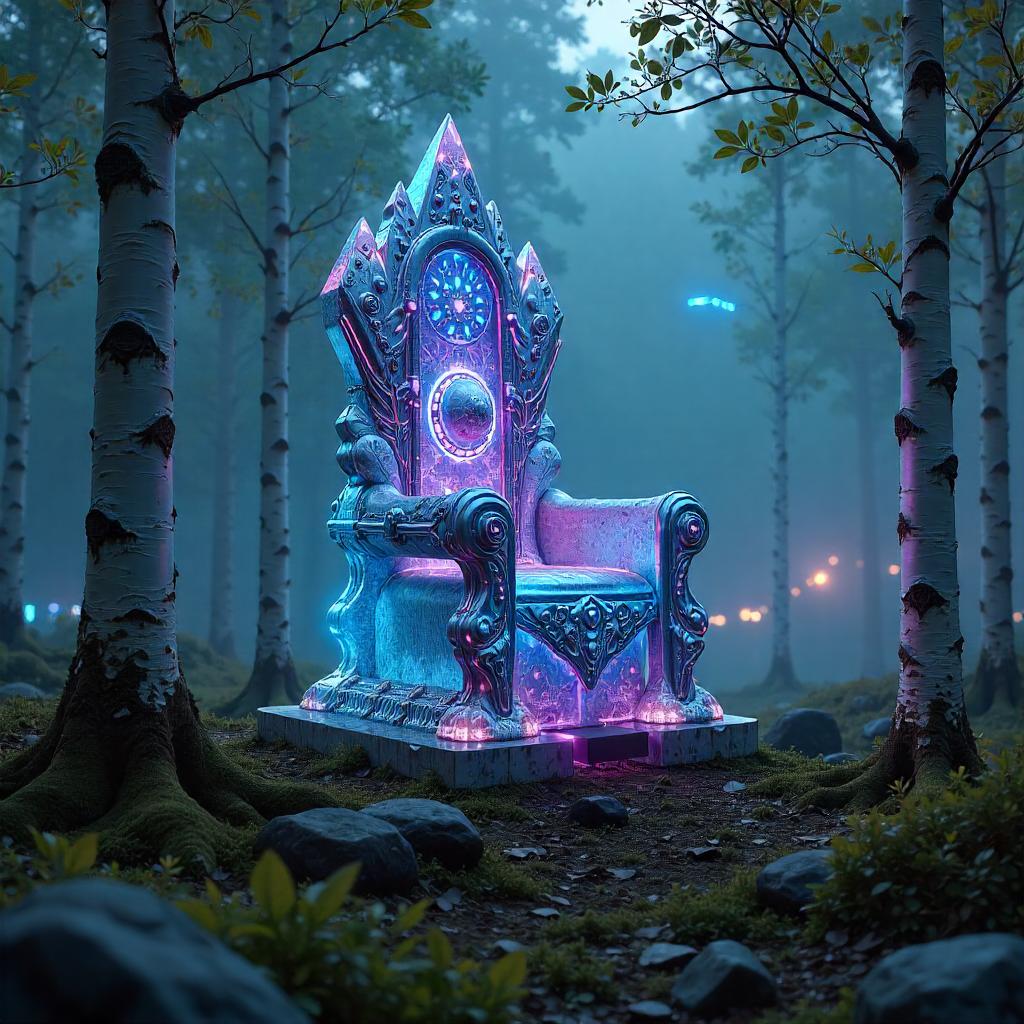 Crystal Neon Throne in a Birch Forest