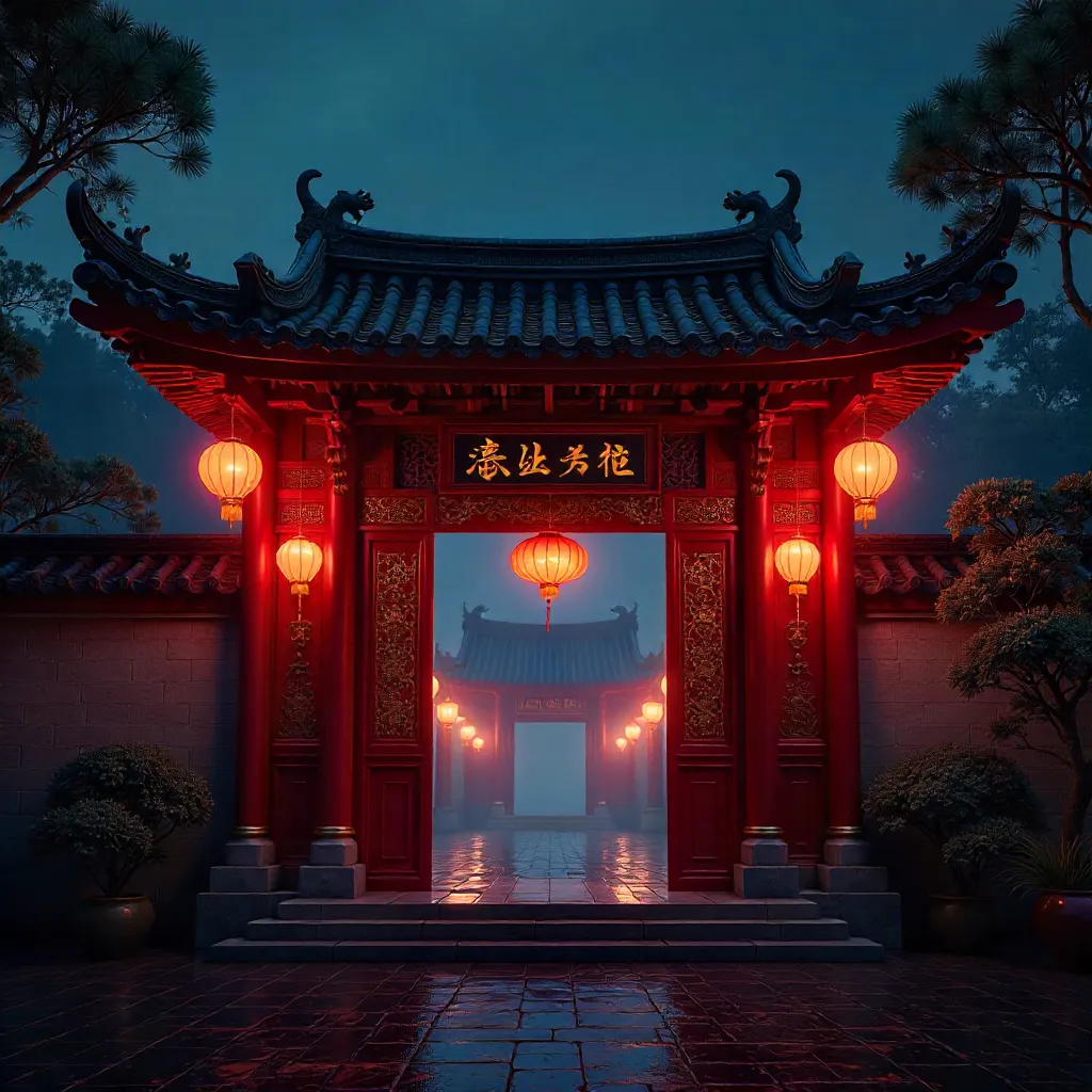Night-lit Chinese Temple Gate with Red Lanterns