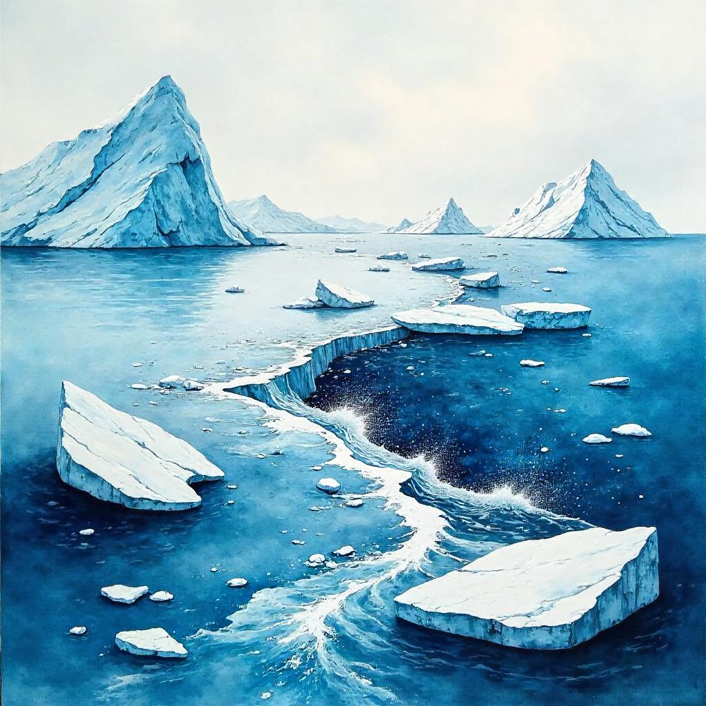 Earthquake Among Icebergs in Watercolor