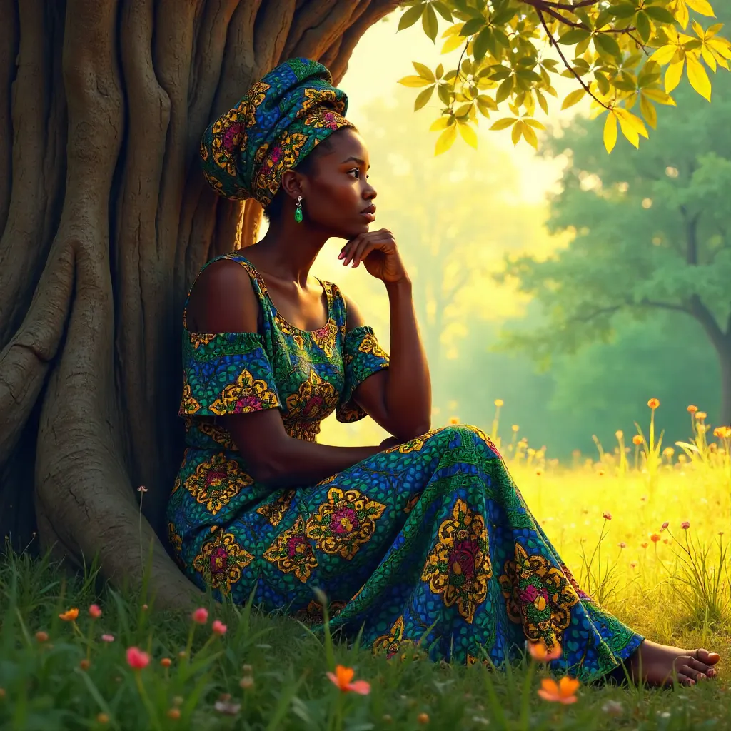 Thoughtful Woman in Colorful African Attire by a Tree