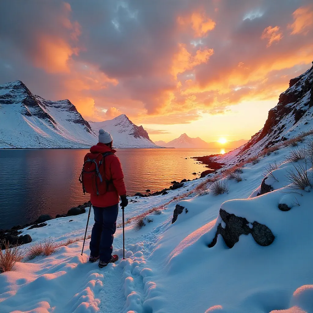Stunning Sunset Over Snowy Grundarfjörður with Lone Hiker