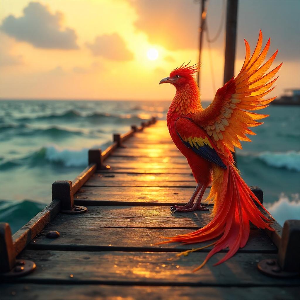 Phoenix on a Pier: Photoreal Sunset Encounter