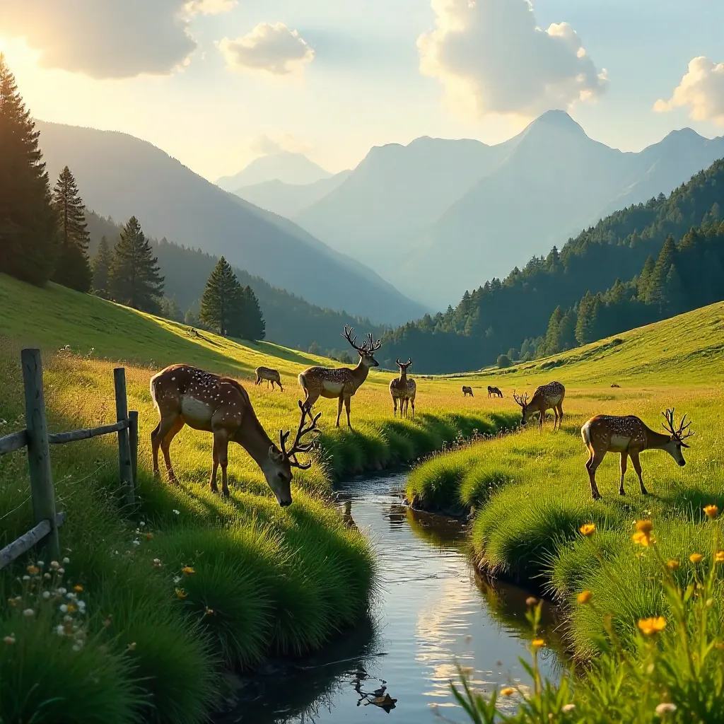 Serene Slovenian Meadow with Fallow Deer Herd