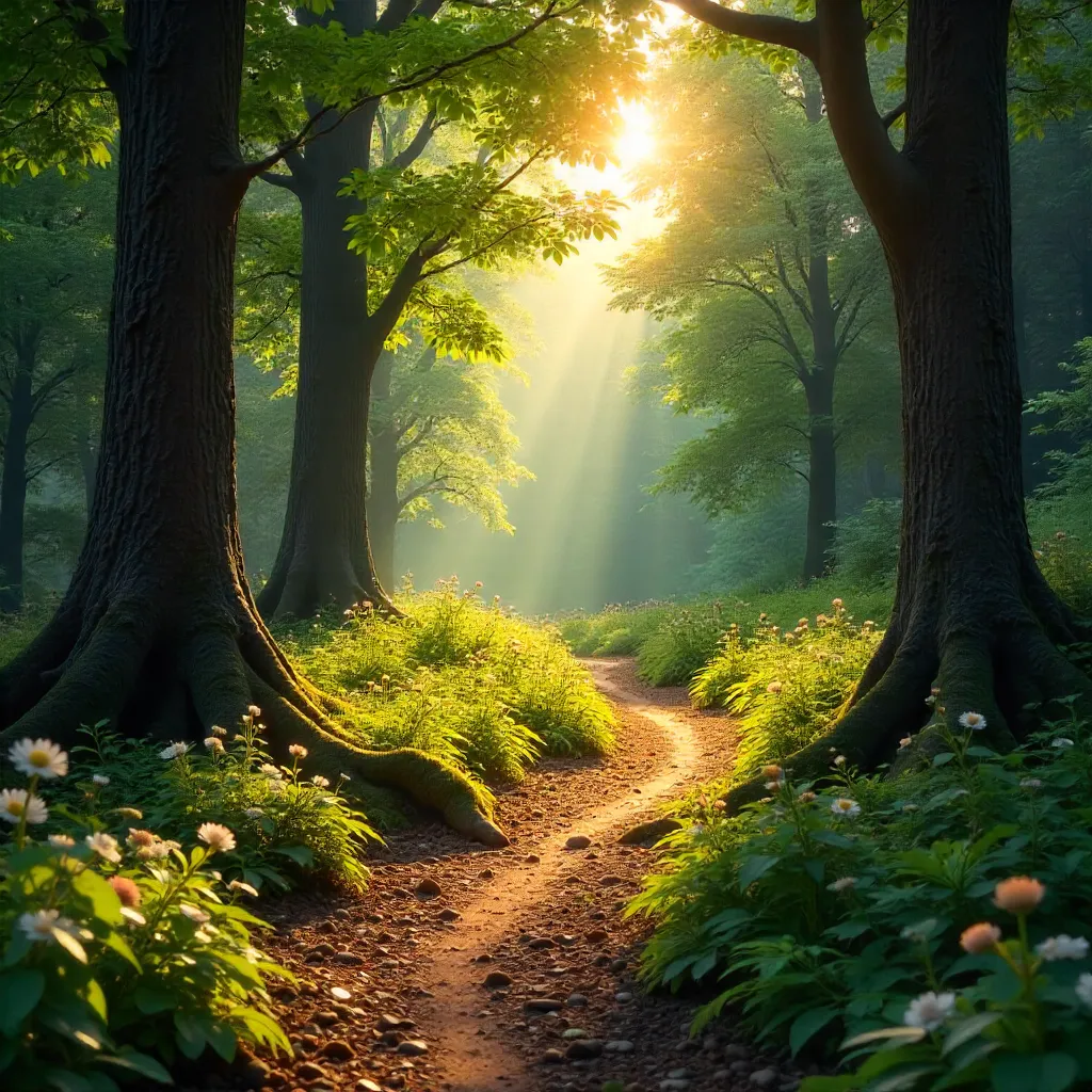 Sunlit Forest Path in Golden Afternoon