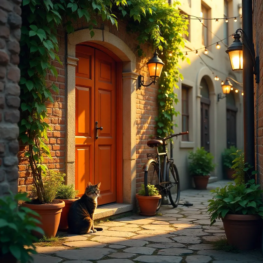 Cat by an Orange Door in a Quaint Urban Alley