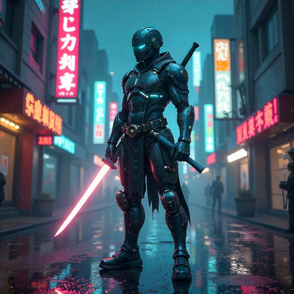 Neon Blade: Cyberpunk Warrior in a Video Game