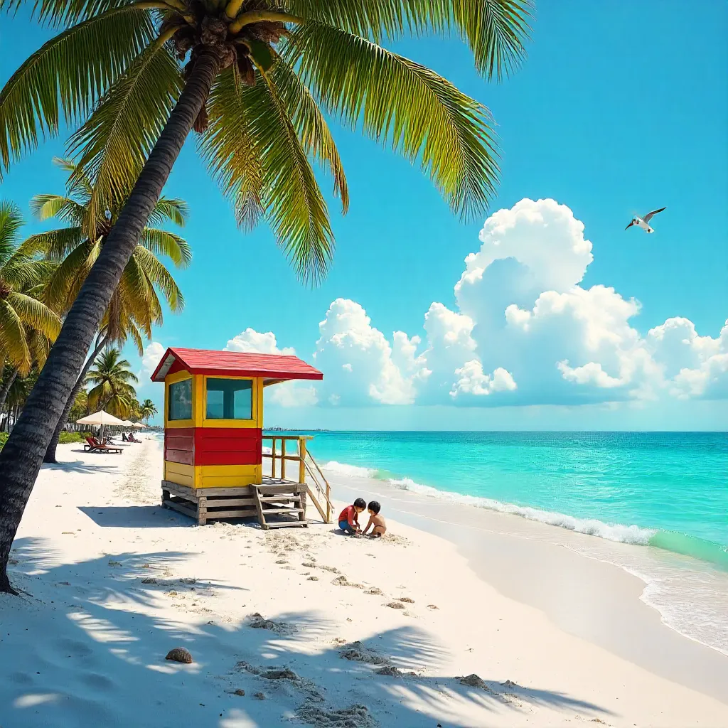 Serene Florida Beach with Palm Trees and Lifeguard Hut