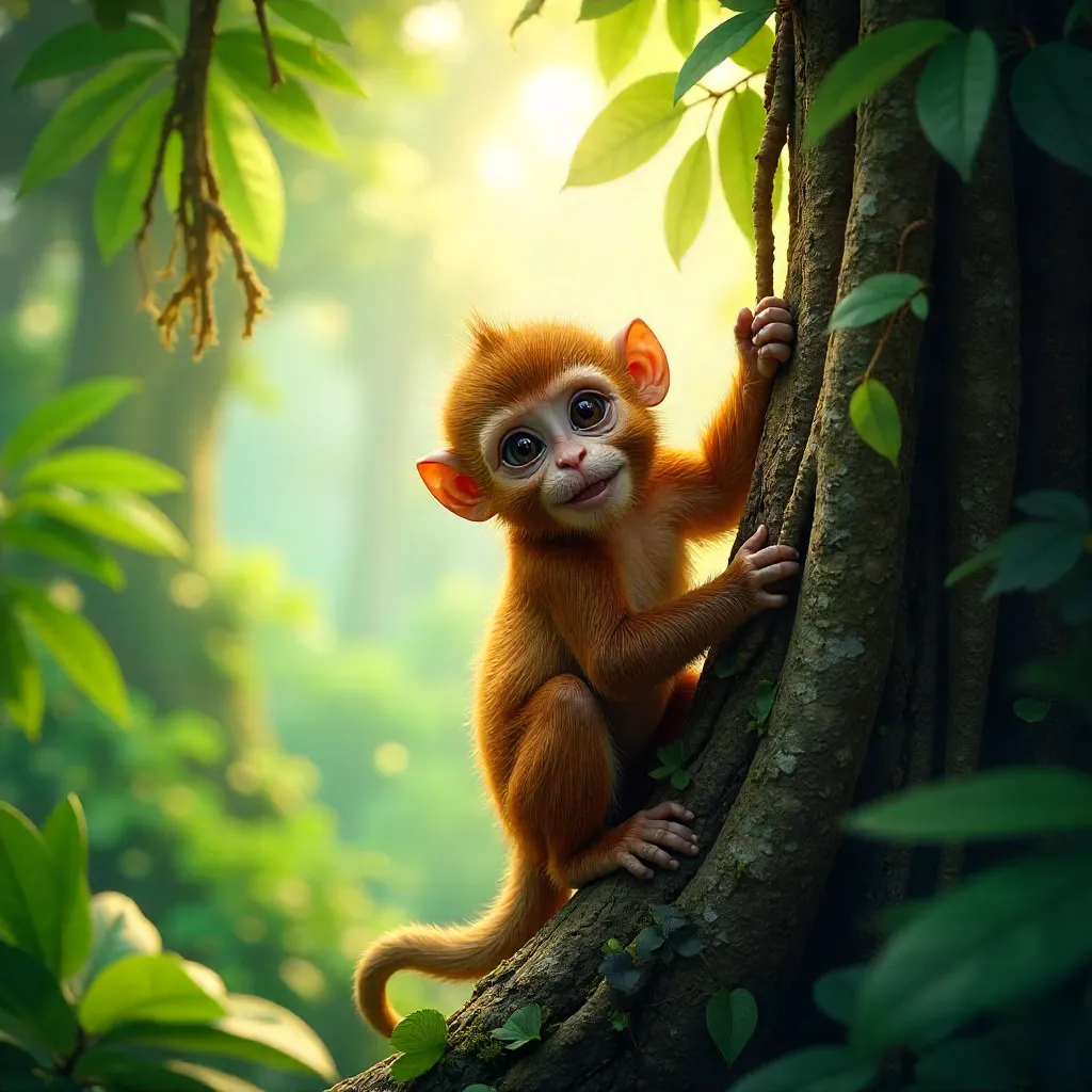 Playful Monkey in Lush Green Canopy
