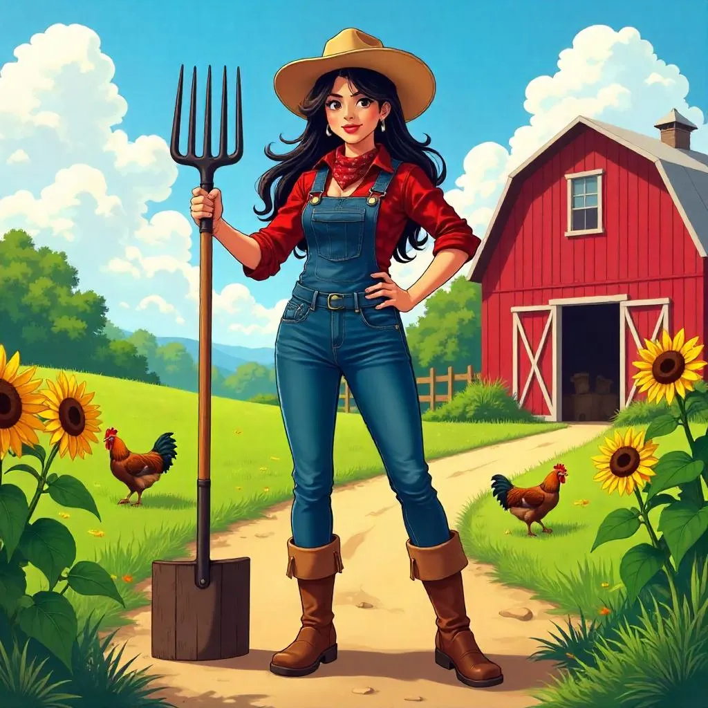 Confident Latina Farmer in Anime Style