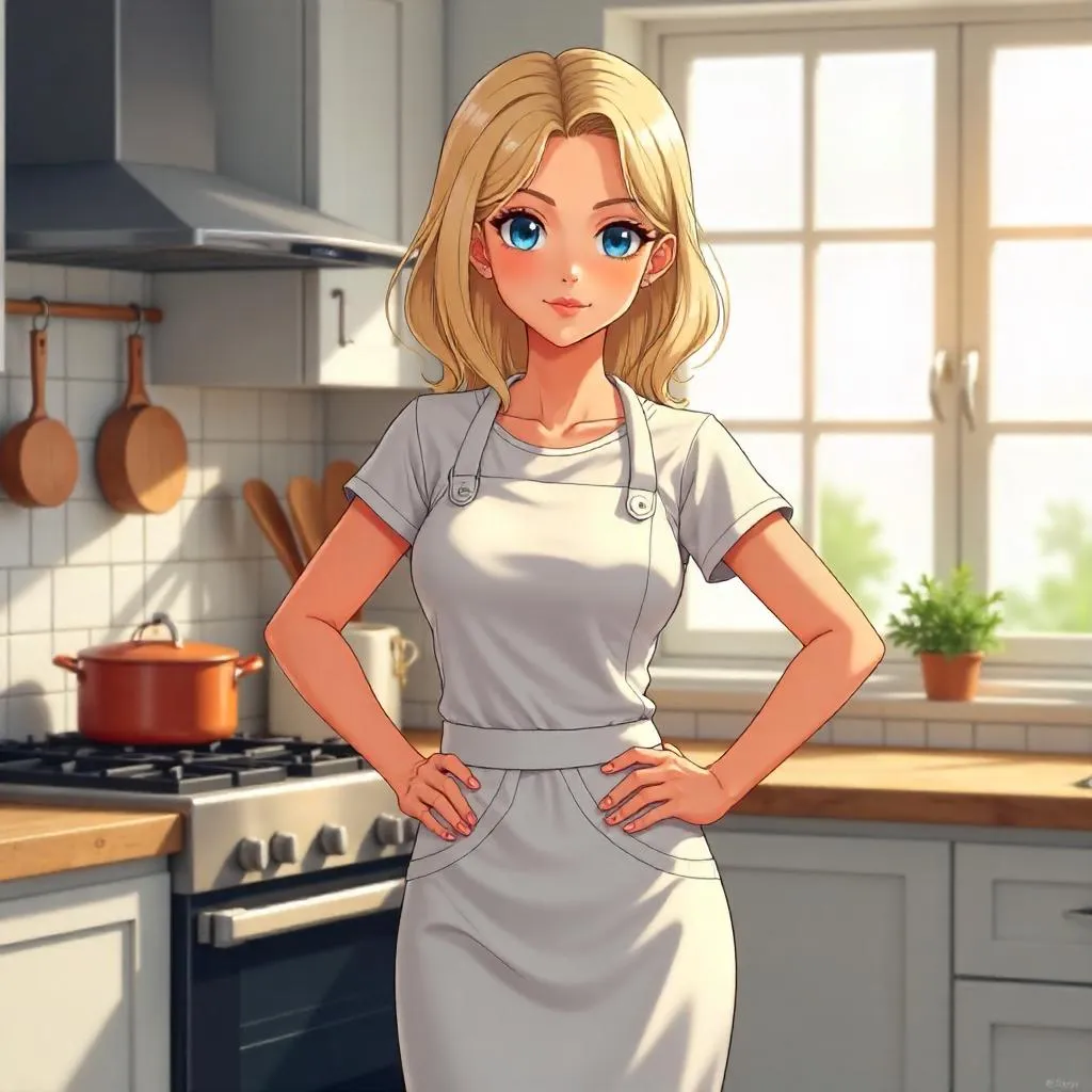 Confident White Woman in an Anime Kitchen