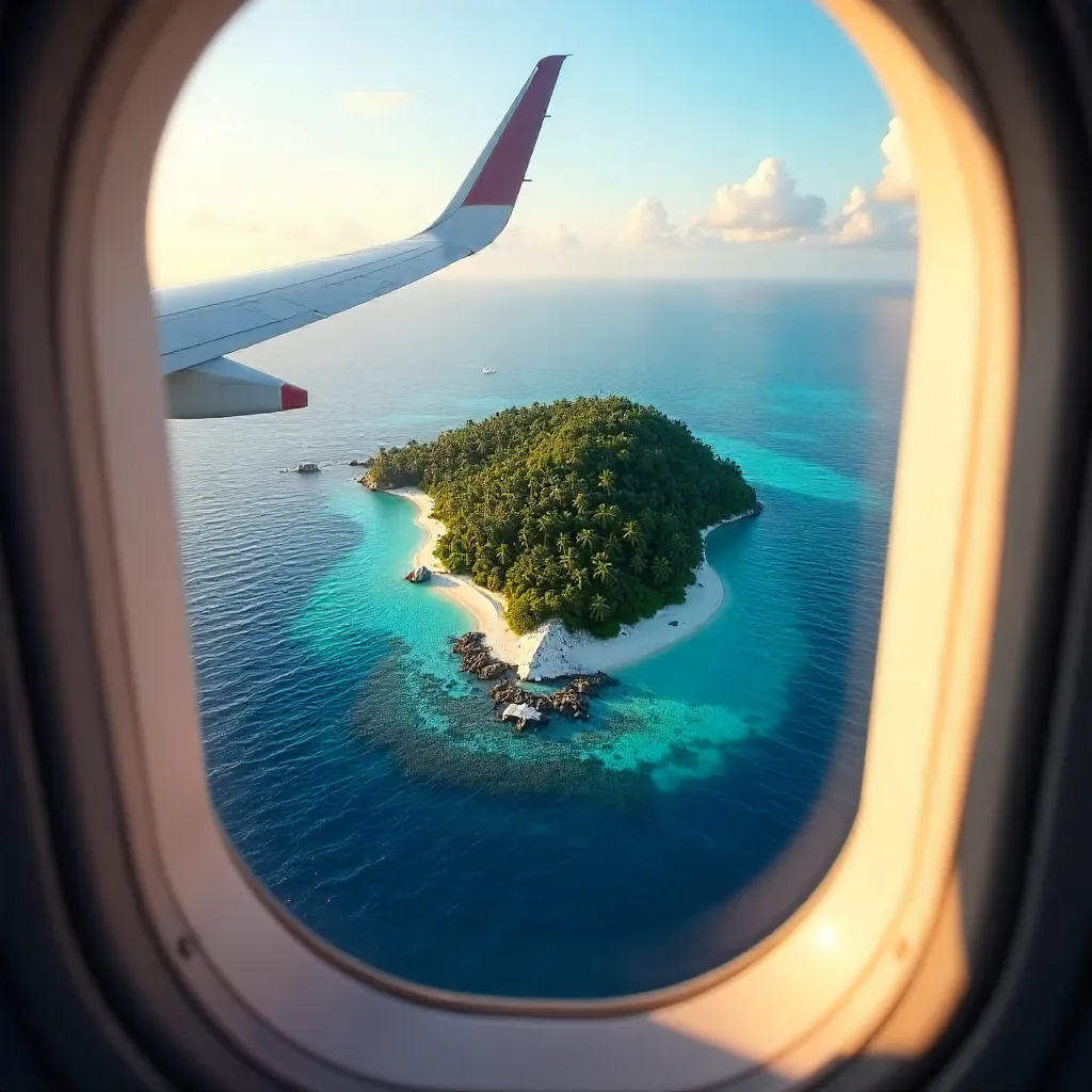Aerial View of a Secluded Island from an Airplane Window