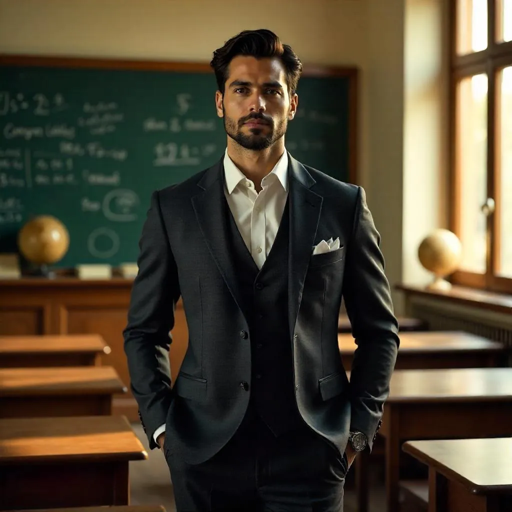 Elegant Latino Gentleman in a Photorealistic Classroom