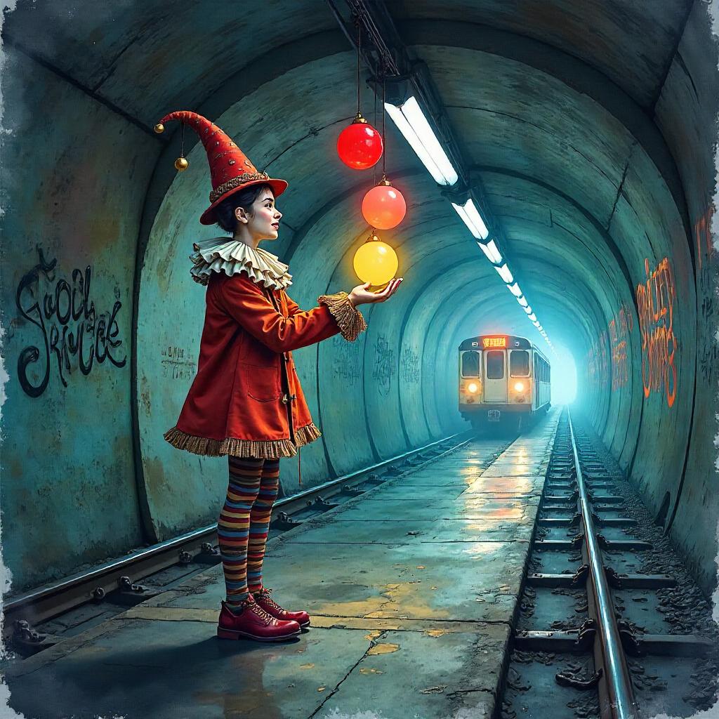 Jester in a Neon Subway Tunnel — Watercolor Dream
