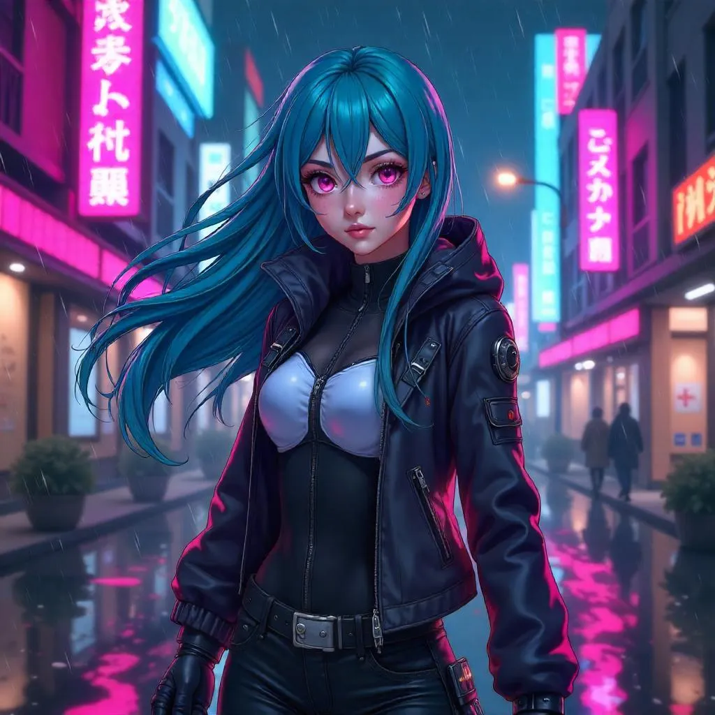 Neon Night Anime: Cyberpunk Woman in Neon City