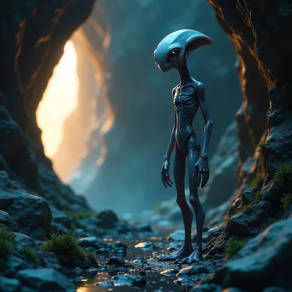 Bioluminescent Alien in a Mountain Cave – 3D Render