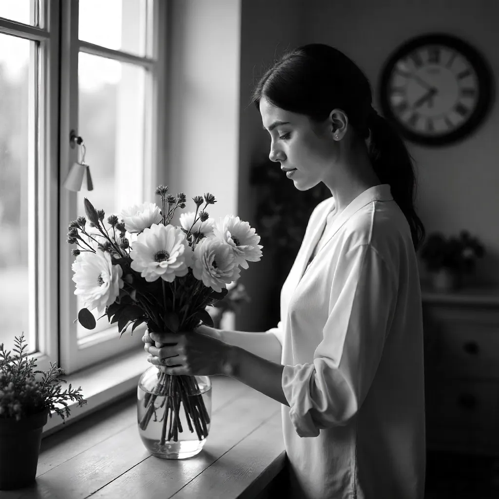 Monochrome Moment: Woman Arranging Flowers Indoors
