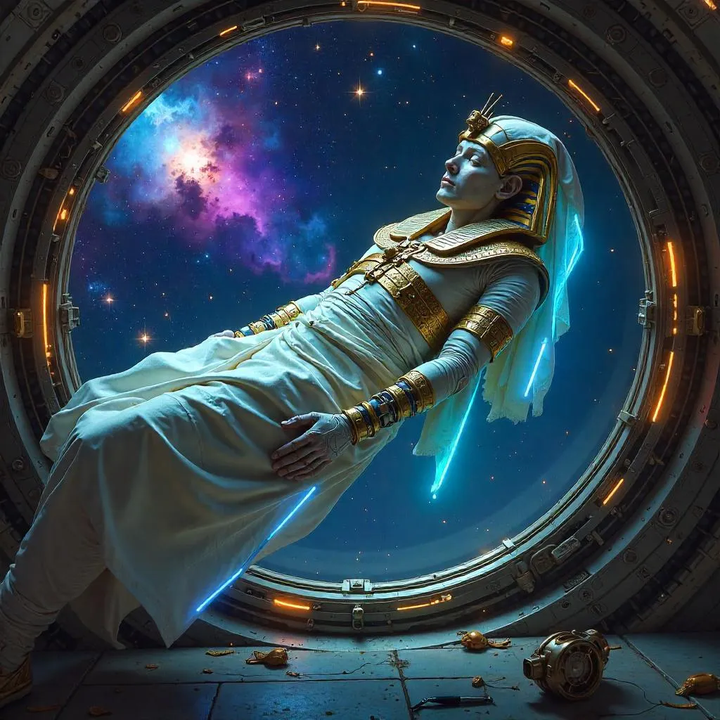 Zero-Gravity Neon Mummy: Digital Sci-Fi Art