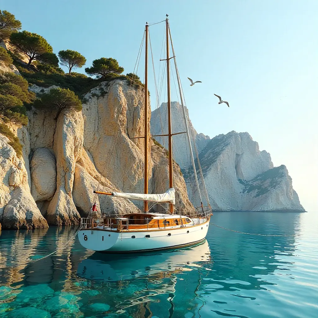 Serene Sailboat at Mallorca's Rocky Cliffs