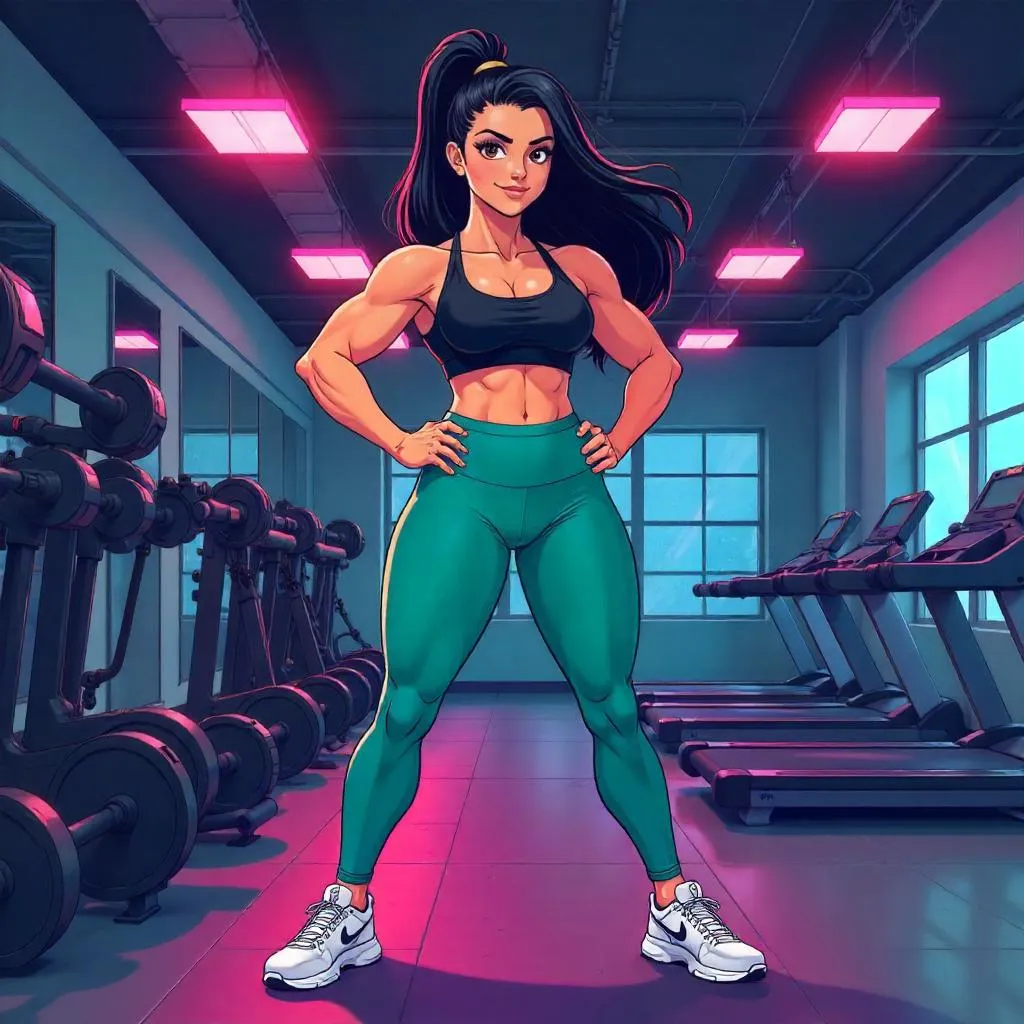 Confident Latina in Anime Gym: Strength in Motion