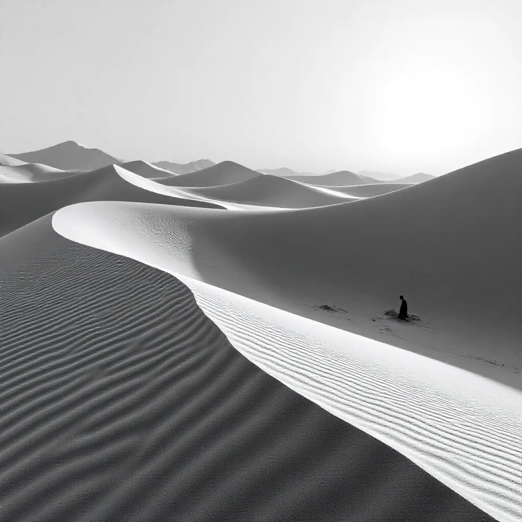 Monochrome Dunes: Soft Sunlight in a Serene Desert