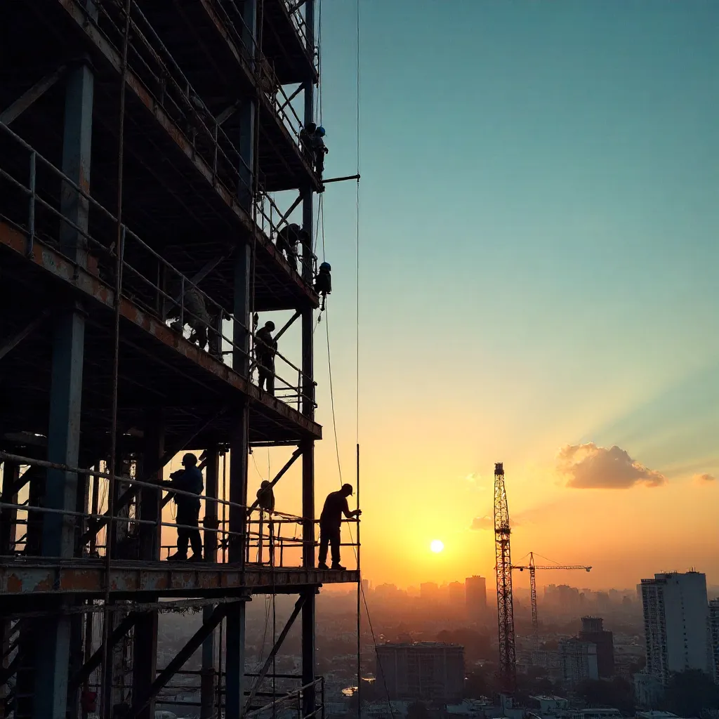 Silhouetted Builders on Skyward Scaffolding