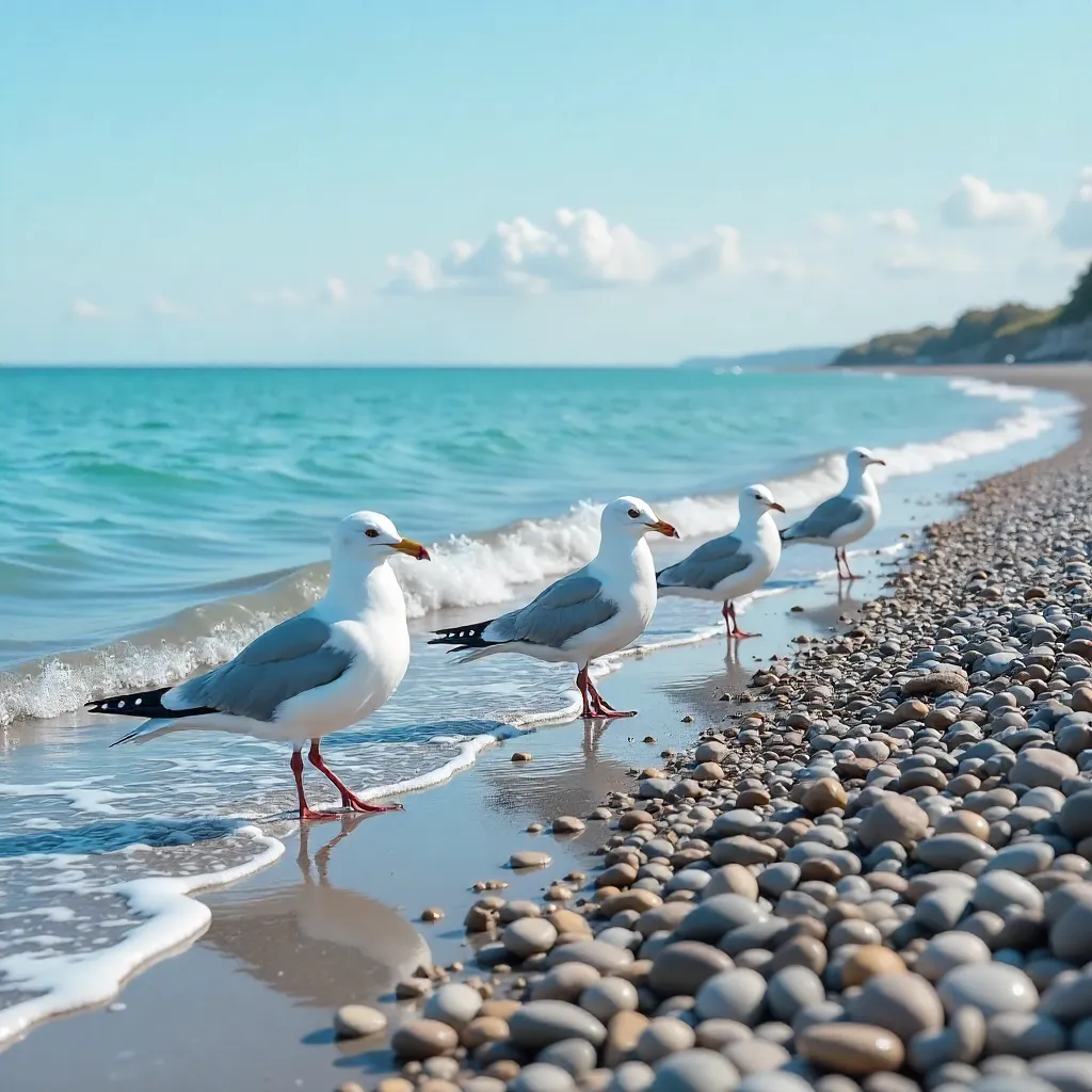 Sunlit Seagulls on a Pebble Beach by the Sea