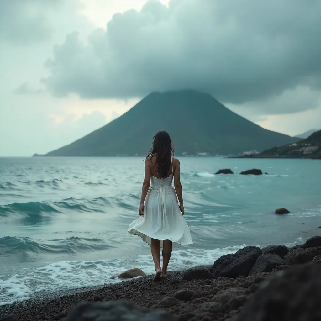 Woman by the Ocean Facing a Majestic Mountain