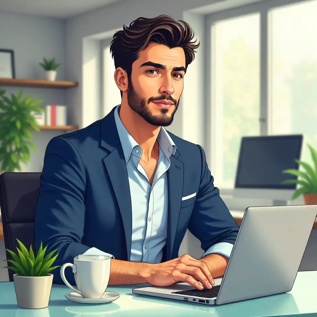 Handsome Middle Eastern Man in an Anime Office