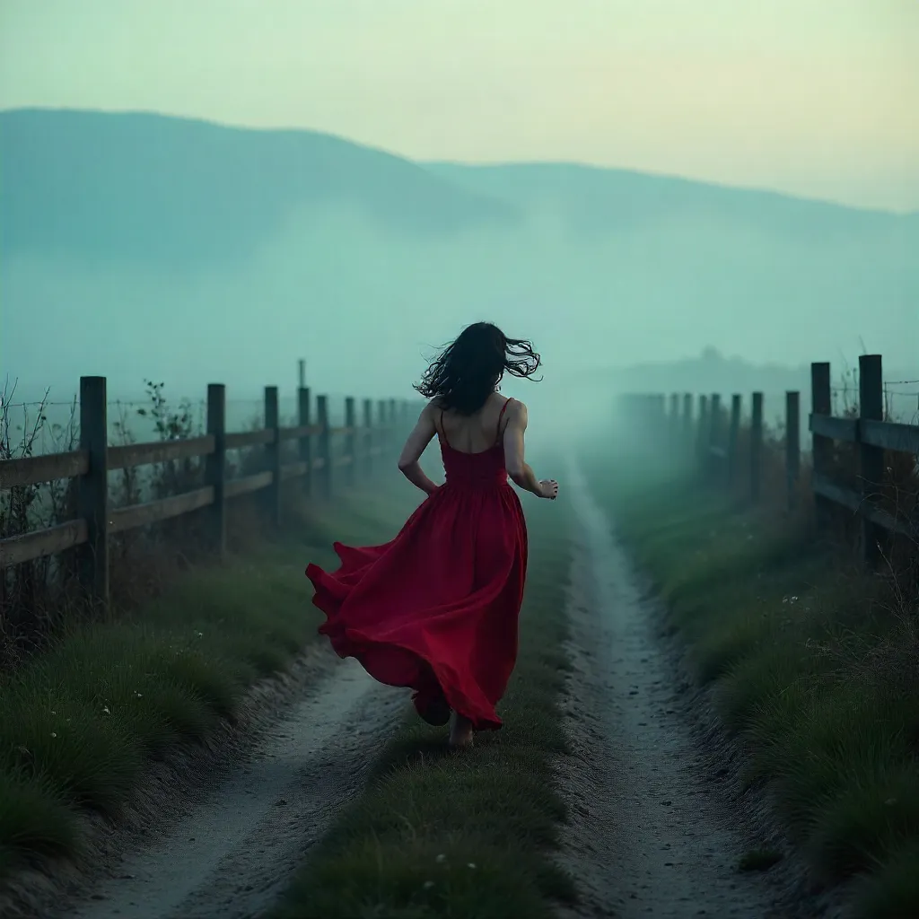 Foglit Escape: Woman in Crimson Dress Dashes Free