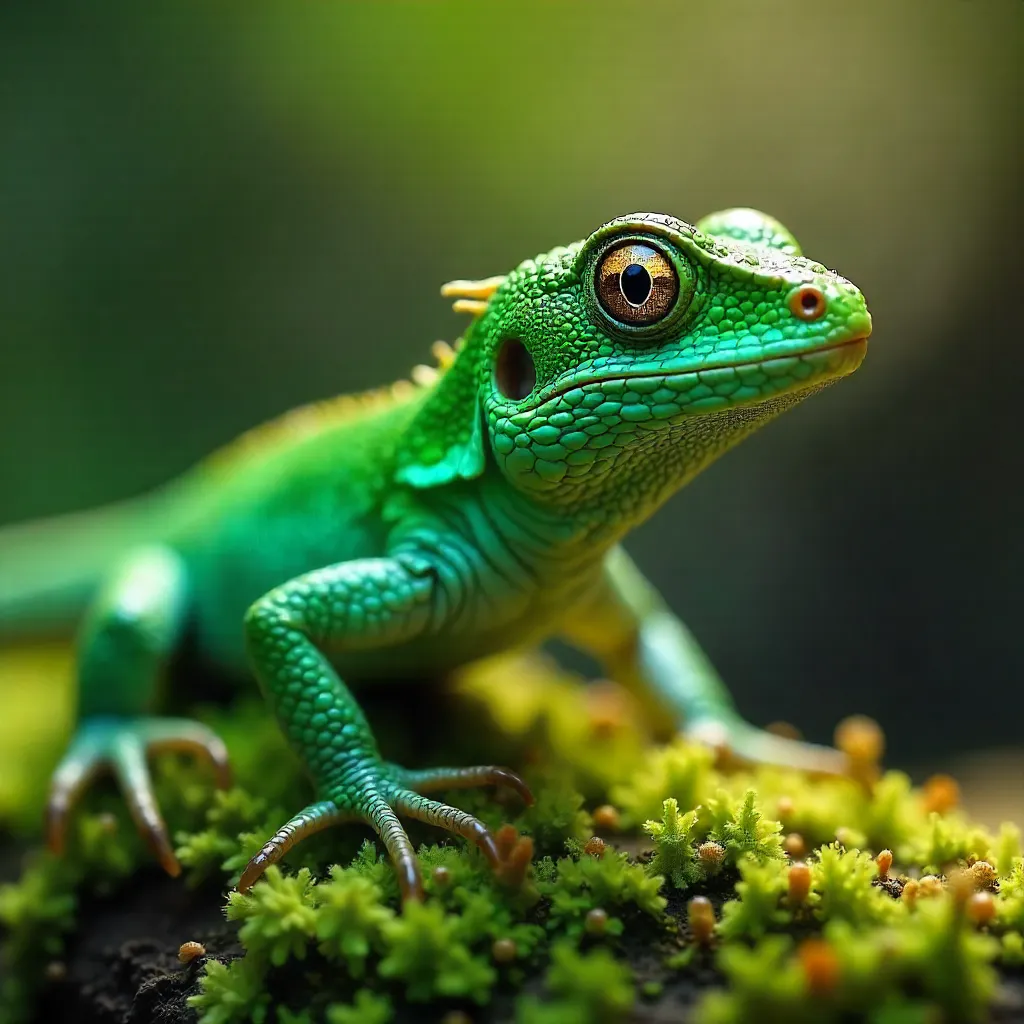 Macro Close-Up: Green Basilisk on Moss