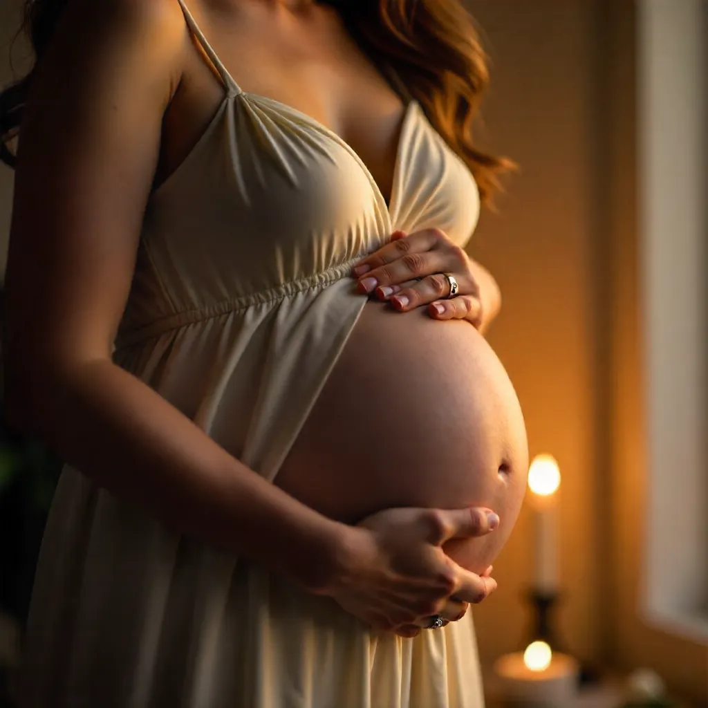 Close-Up Embrace: Tender Pregnancy in Warm Light