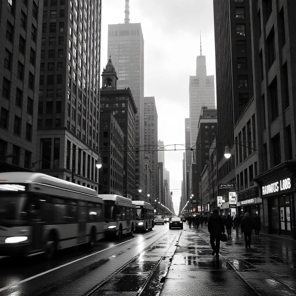 Monochrome Cityscape: Buses and Skyscrapers in Motion