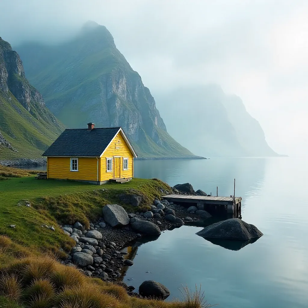 Yellow House Amid Misty Nordland Mountains and Sea