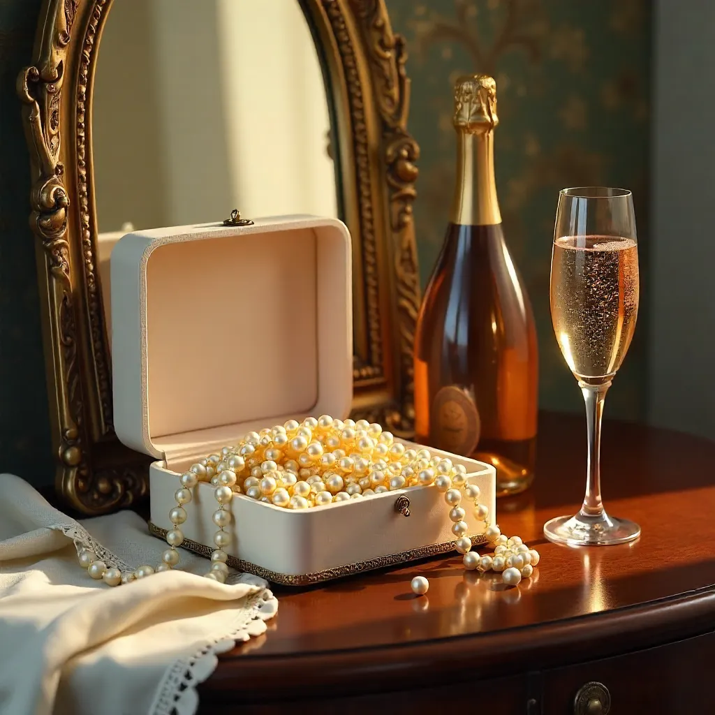 Pearls, Mirror, and Champagne: Vintage Still Life