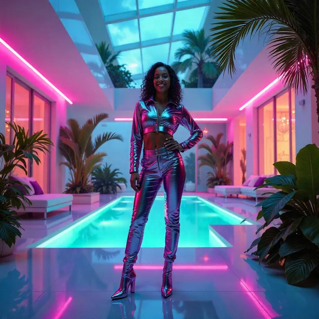 Cheerful Latina in a Neon Cyberpunk Villa