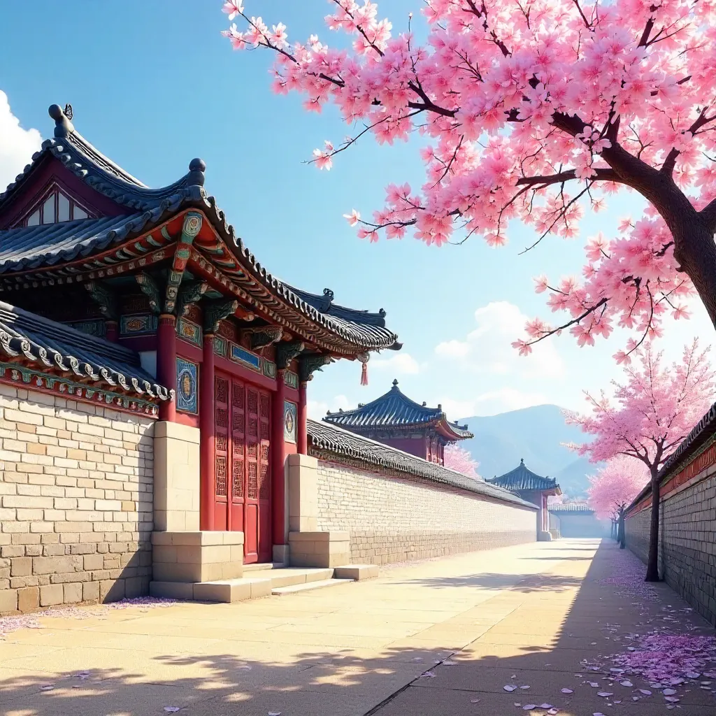 Cherry Blossom Wall of a Korean Palace in Spring