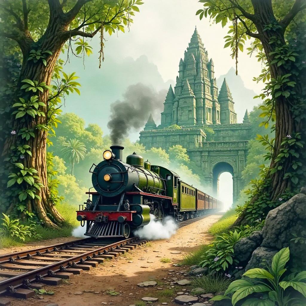 Watercolor Train Through a Lost City Ruins