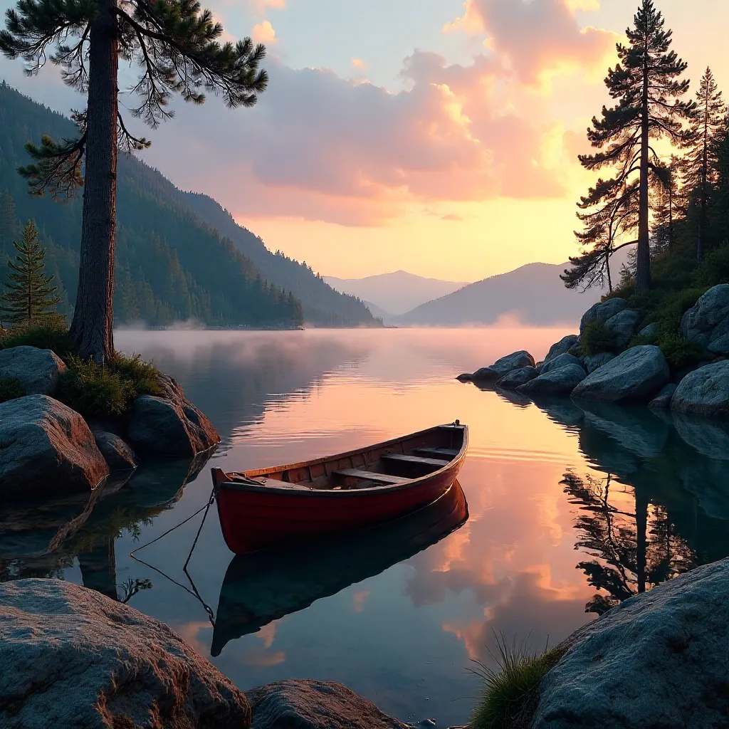Sunset Serenity: Boat on a Lake Framed by Nature