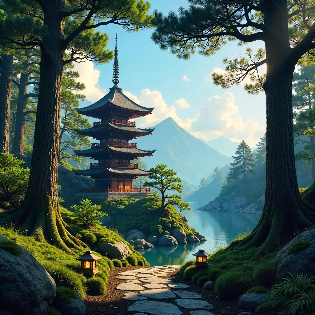 Serene Kyoto Forest with Pagoda under Clear Sky