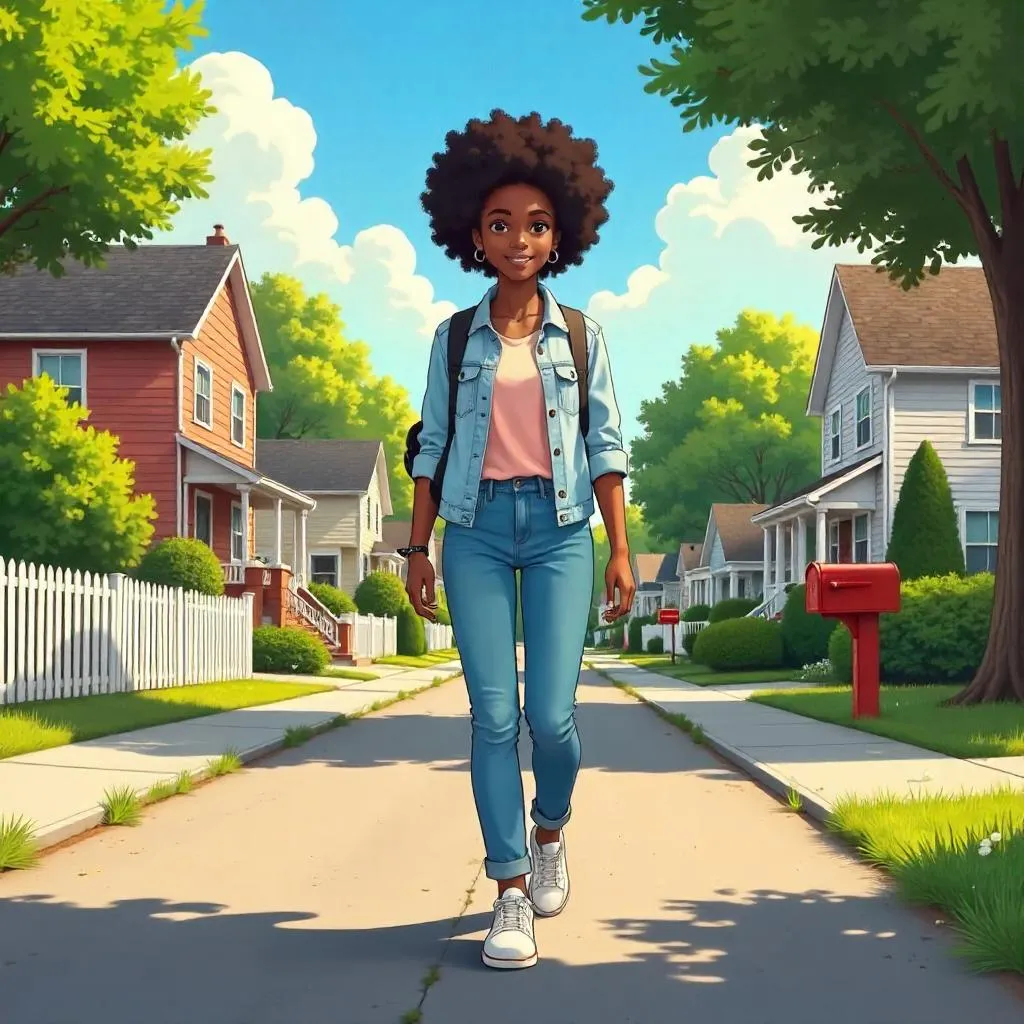 Anime-Style Portrait of a Young Black Woman in Suburban Daylight