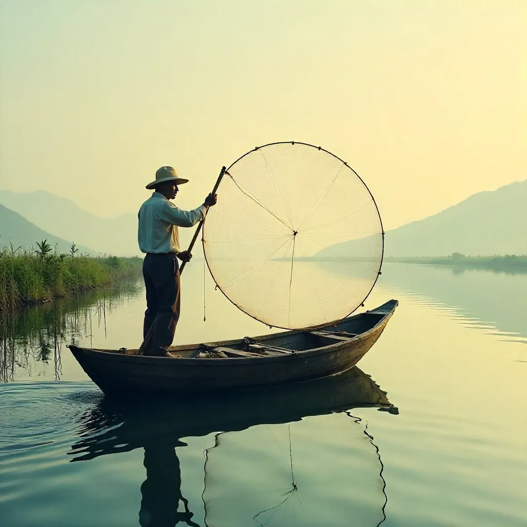 The Fisherman Casts a Net on a Tranquil River