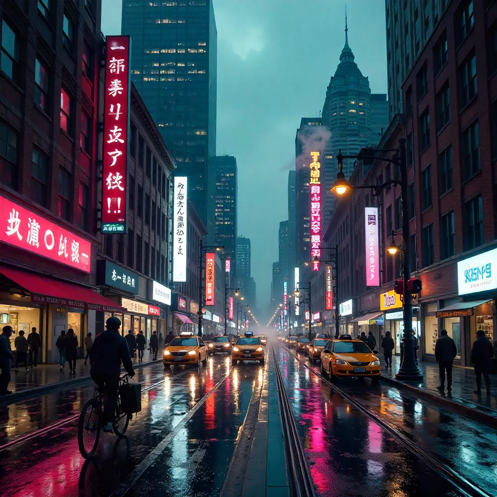 Neon-Drenched Downtown at Dusk