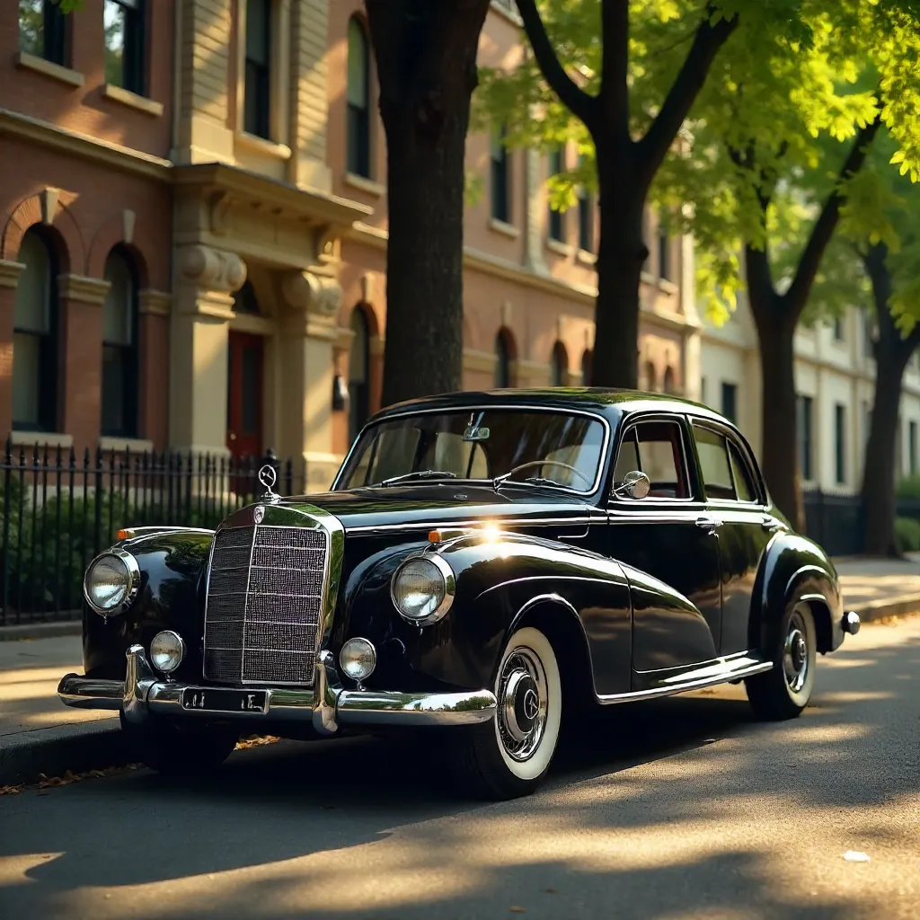 Vintage Black Mercedes by a Tree-Lined Building