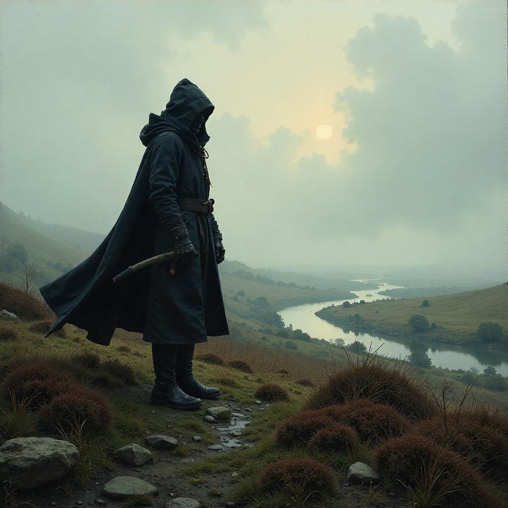 Ninja in a Foggy Moor: An Oil Painting