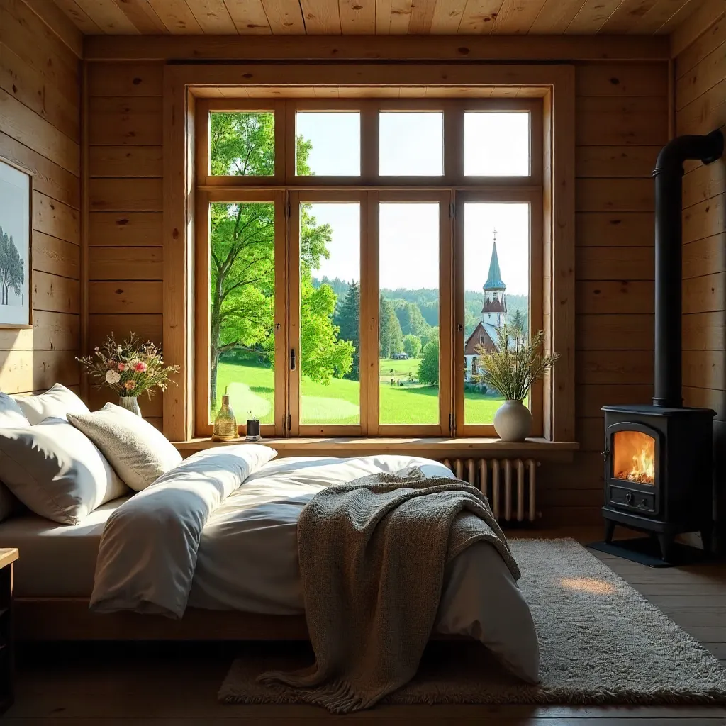 Cozy Ukrainian Cabin Bedroom with Lush Green View