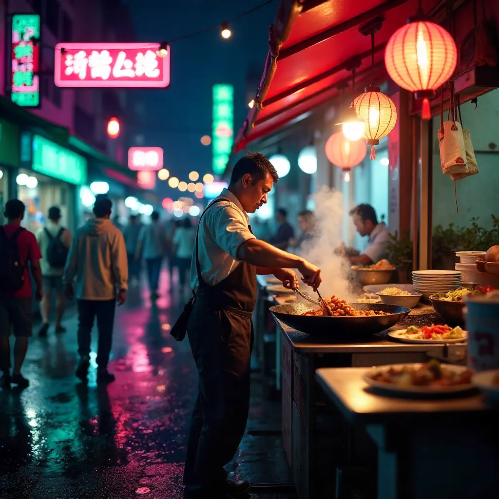 Neon Night Market: Lively Street Food Stall