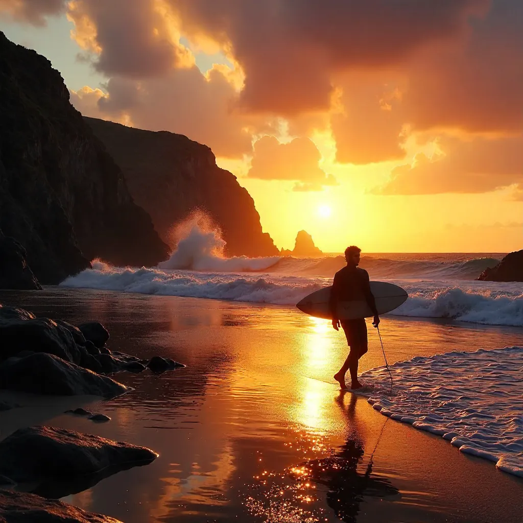 Silhouette of a Surfer on Portugal's Rocky Sunset Coast