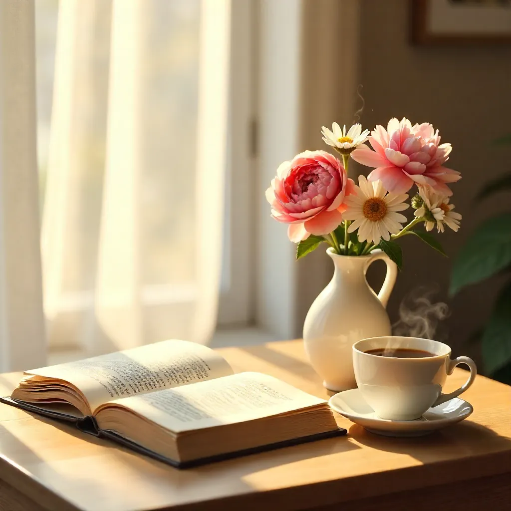 Morning Calm: Book, Coffee, and Flowers on a Table